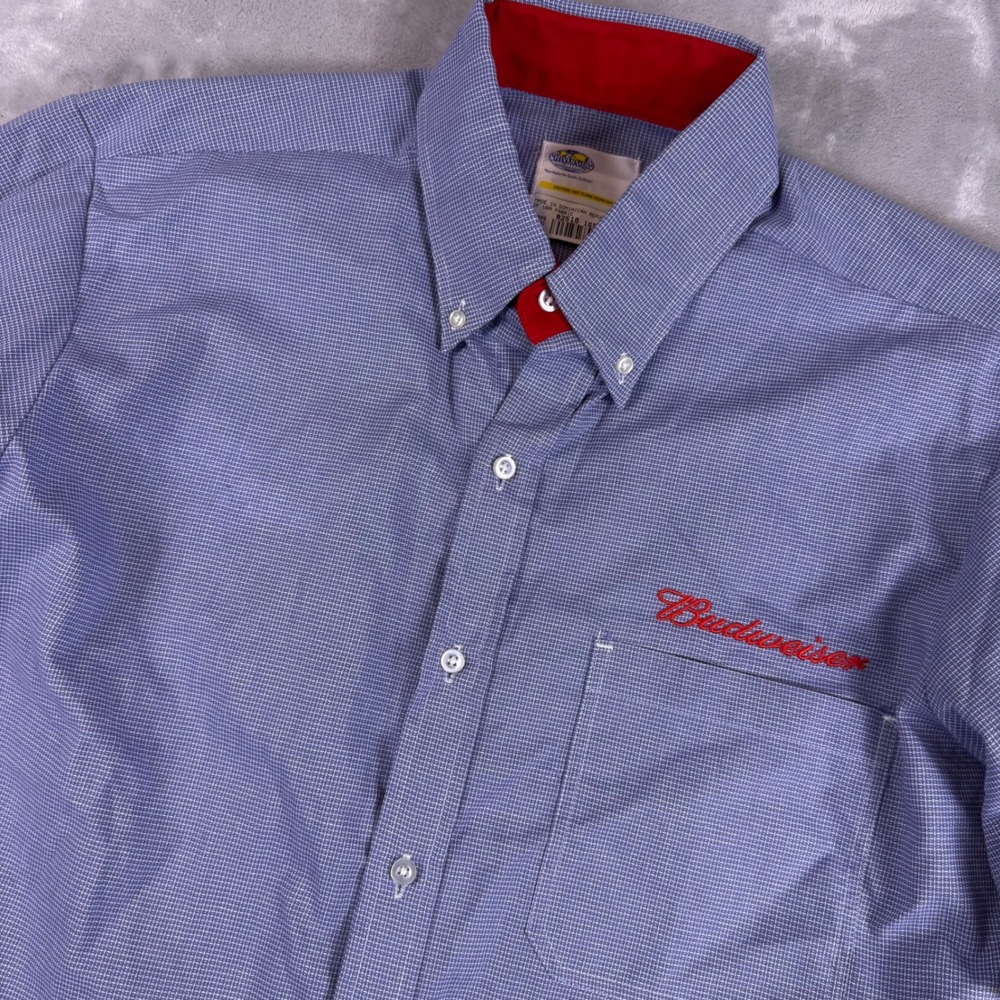 Riverside Budweiser Bud Light Work Shirt Blue Micro Check Short Sleeve XL Tall